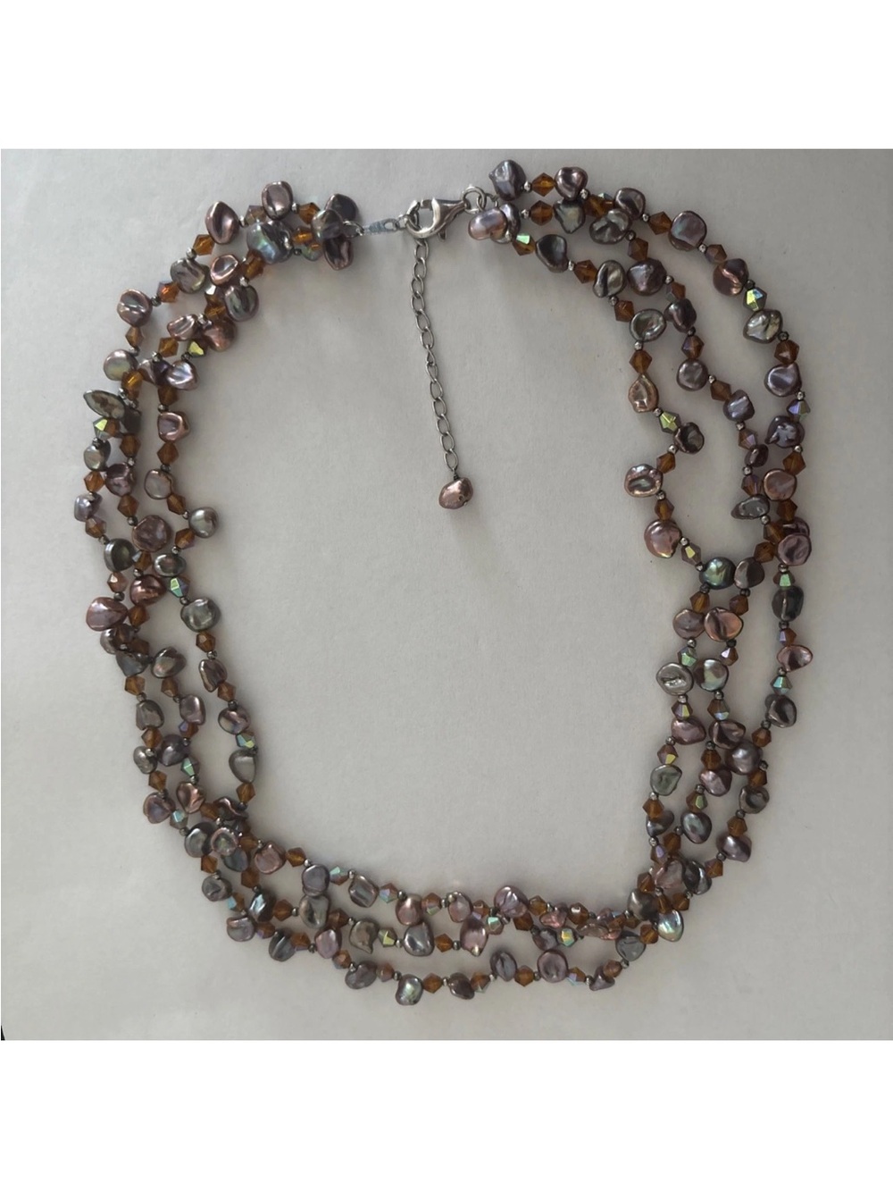 3 Multi-Strand lavender Cornflakes Iridescent Pearl Necklace 925 clasp chain